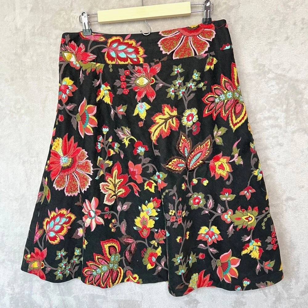 Megan Park‎ England Skirt Womens Corduroy Black Embroidered Boho Floral Y2K